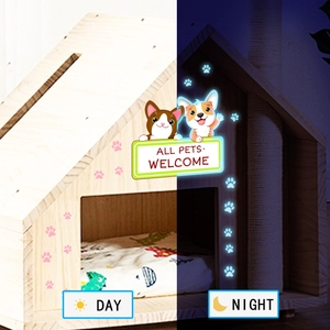 Split view showing the wooden pet house with luminous cat paw prints in day and night