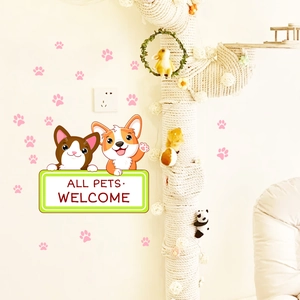 Luminous blue cat wall stickers with All Pets Welcome sign and pink paw prints for home decor