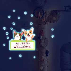 Luminous blue cat and dog wall stickers set with glowing paw prints and welcome sign