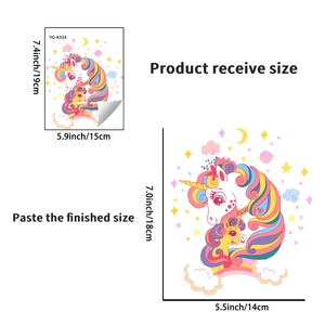 Detail showing dimensions of luminous unicorn wall stickers with rainbow and star motifs