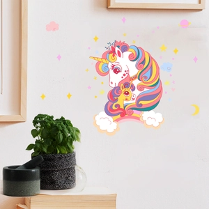 Glow in the dark rainbow unicorn wall decal for kids bedroom with stars and clouds