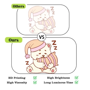 Comparison showing high-brightness sleeping bear luminous sticker with HD printing quality
