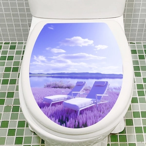 Detailed view of lavender landscape decal applied on a white toilet lid in a bathroom