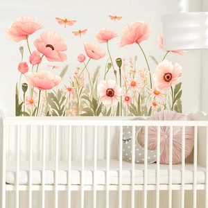 Floral Pink Poppy Wall Decals Waterproof PVC DIY Self-Adhesive Removable Flower Dragonfly Wall Stickers For Home Decor