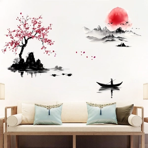 Chinese Style Landscape Wall Sticker Red Plum Blossom Ink Painting Waterproof PVC Wall Decal For Living Room Home Decor