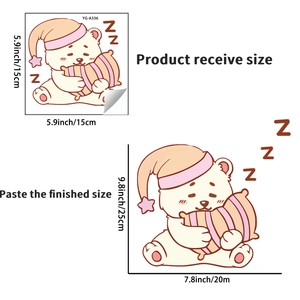 Luminous sleeping bear wall sticker dimensions showing 15x15cm layout and 20x25cm finish size