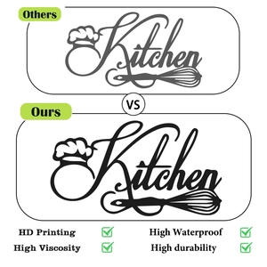 Kitchen wall sticker detail showing HD printing, high viscosity, and waterproof vinyl quality