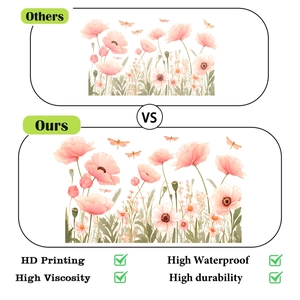 Detail showing HD printing and high waterproof quality on pink poppy flower wall decals