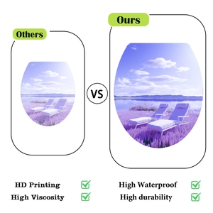Comparison showing high-definition nature landscape toilet lid stickers with waterproof features