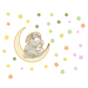 Luminous gray and white rabbit sleeping on moon wall sticker with colorful glow stars