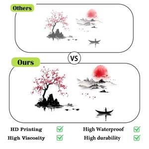 Detail showing HD printing, high adhesion and waterproof features of landscape wall sticker