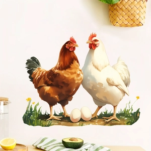 Adhesive rustic hen and egg wall stickers for kitchen wall decoration with floral details