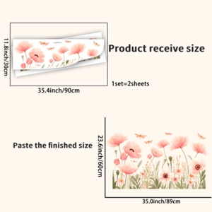 Detail showing dimensions of pink floral wall stickers with poppies and dragonflies