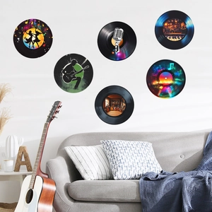 Set of 6 vintage vinyl record wall stickers with retro music silhouettes for living room