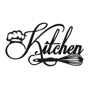 Modern black metal wall decor featuring Kitchen text with chef hat and cooking tools