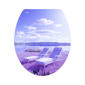 Detail of O-shaped toilet lid featuring a scenic lake landscape with purple flowers
