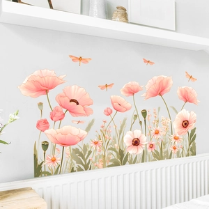 Pink watercolor poppy flower wall decals with green leaves and dragonflies on white wall