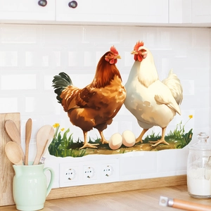 Self-adhesive chicken wall decals featuring hens and eggs for kitchen backsplash decor