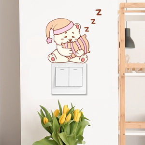 Luminous sleeping bear light switch sticker with pink nightcap for bedroom wall decor