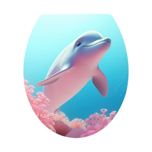 Detail of 3D cartoon dolphin and pink coral marine life sticker for toilet decoration