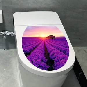 Detail view of sunset lavender field scenery sticker on a white modern toilet seat cover