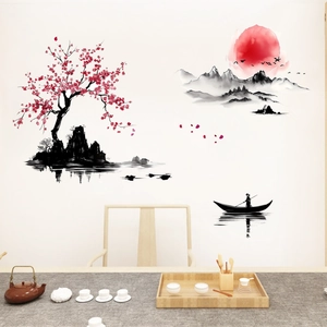 Creative Chinese ink wash landscape wall sticker set with red plum and bird motifs