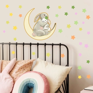 Luminous wall sticker set featuring a rabbit on the moon with colorful glowing stars
