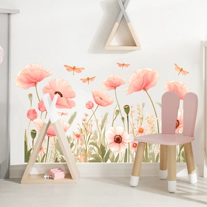 Self-adhesive pink poppy flower wall stickers with dragonflies for home decoration