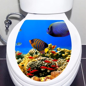 Detailed view of ocean life toilet sticker with colorful coral reef and tropical fish