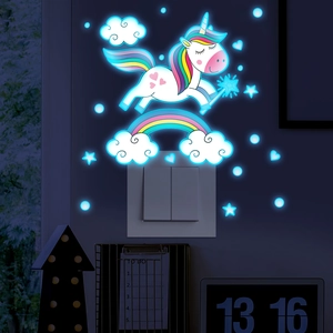 Glow in the dark unicorn and rainbow wall stickers with blue luminous stars and clouds