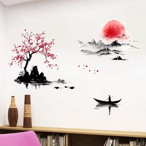 Creative Chinese ink wash landscape wall sticker with plum blossom and mountains