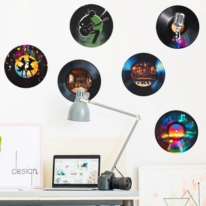 Retro vinyl record wall stickers set with guitar and microphone designs for living room decor