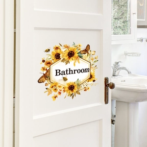 Adhesive sunflower and butterfly wreath sticker with Bathroom text for home decor