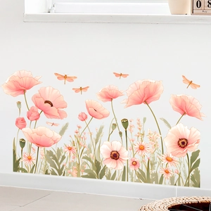 Pink poppy flowers and daisies wall decal stickers for home decoration in pastoral style