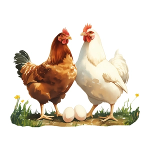 Farm style wall stickers featuring lifelike brown and white hens with eggs and grass
