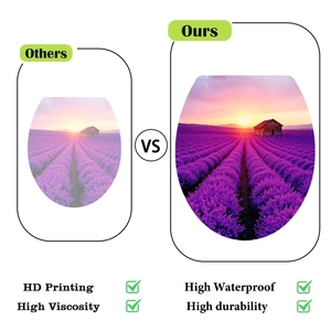 Detail showing lavender landscape toilet sticker with HD printing and waterproof texture