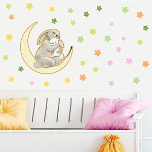 Luminous bunny and moon wall stickers set with colorful glowing stars for kids room decor
