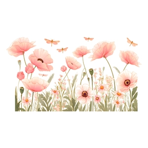 Self-adhesive pink poppy flower wall stickers with daisies and dragonflies for home decor