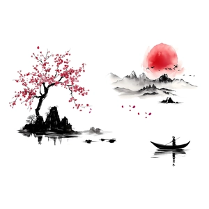 Traditional Chinese ink wash landscape wall sticker with plum blossoms and red sun