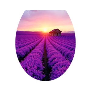 Close-up of O-shaped toilet sticker featuring purple lavender fields and sunset scenery