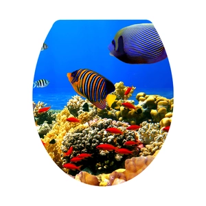 Detailed macro view of sea life toilet lid decal featuring colorful coral reef and tropical fish