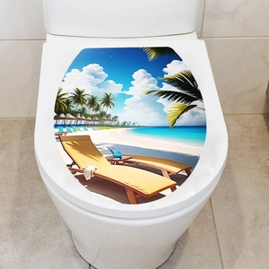 Close-up of waterproof PVC toilet lid sticker with vibrant tropical beach landscape pattern
