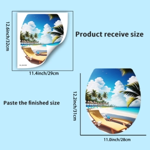 Detail showing tropical beach toilet lid sticker with dimensions of 31x28cm