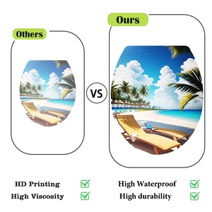Detail showing HD ocean beach print on a waterproof self-adhesive toilet lid sticker
