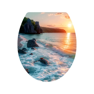 Detailed view of nature landscape toilet seat cover with beach sunset scenery print