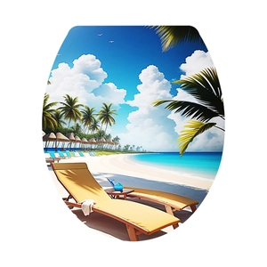 Detailed view of ocean beach scene print on adhesive toilet seat cover with palm trees