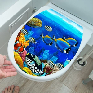 Detailed view of ocean theme toilet seat cover sticker with tropical fish and coral reef
