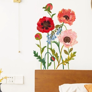 Removable Poppy Floral Wall Stickers Red Pink Botanical Flower PVC Decals For Bedroom Living Room Home Decoration