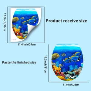 Detail of ocean world toilet sticker showing coral reef fish and product dimensions