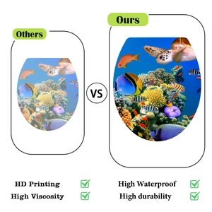 Detailed comparison showing vibrant HD waterproof jellyfish and sea turtle toilet lid decals